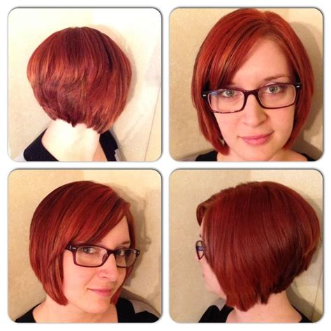 Short Stacked Angled Bob Coppery Red All Over Color With Bright Red