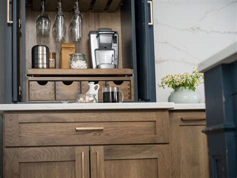 Hickory And Blue Modern Farmhouse Kitchen With Beverage Station Center