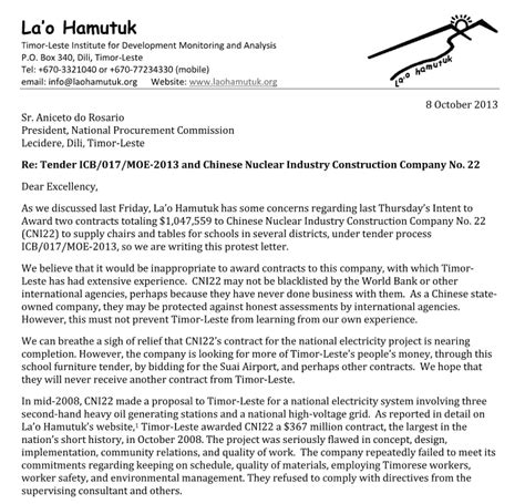 Sample letter of construction project completion. La'o Hamutuk: LH protests contract award to CNI22
