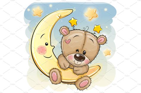 Cute Cartoon Teddy Bear On The Moon Vector Graphics ~ Creative Market