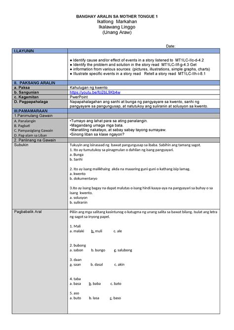 Q Week Banghay Aralin Sa Mother Tongue Banghay Aralin Sa Mother Tongue Ikatlong