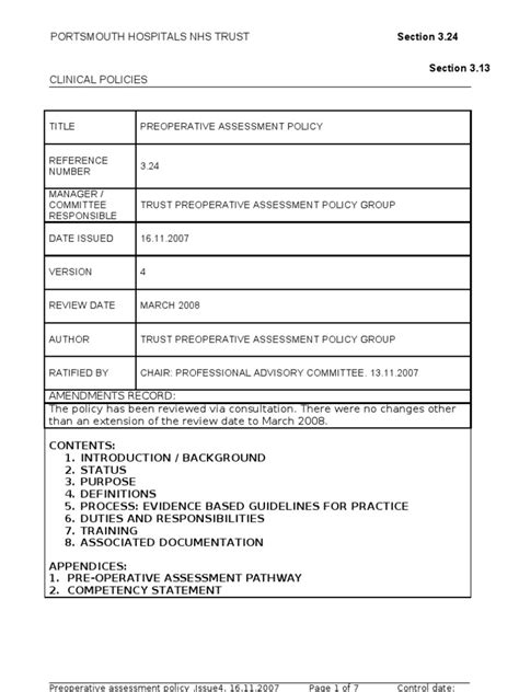 Preoperative Assessment Policy Patient Surgery