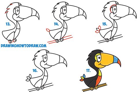 Draw the feathers and the feet. How to Draw Cartoon Toucans from the Word - Easy Step by ...