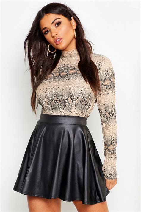 High Waisted Faux Leather Skater Skirt Leather Skirt Outfit Mini