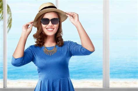 Asian Woman With Hat And Sunglasses Standing On The Resort Stock Image Image Of Beautiful