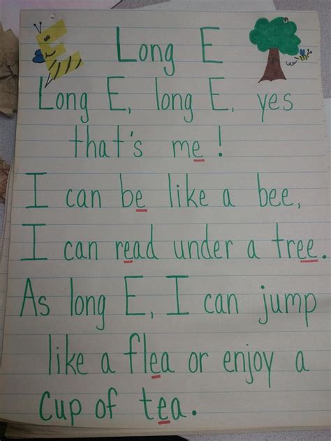 Long Vowel E Language Preschool Poems Phonics Reading Anchor Charts