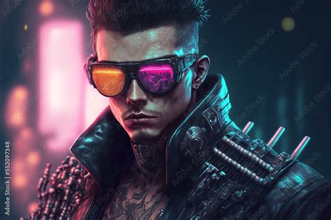 Digital Artwork Of Sci Fi Cyberpunk Gangster Character Wearing