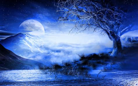 Download Moon Star Blue Sky Tree Mountain Fantasy Landscape Wallpaper
