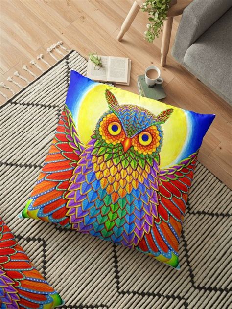Colorful Psychedelic Rainbow Owl Floor Pillow By Rebecca Wang Floor