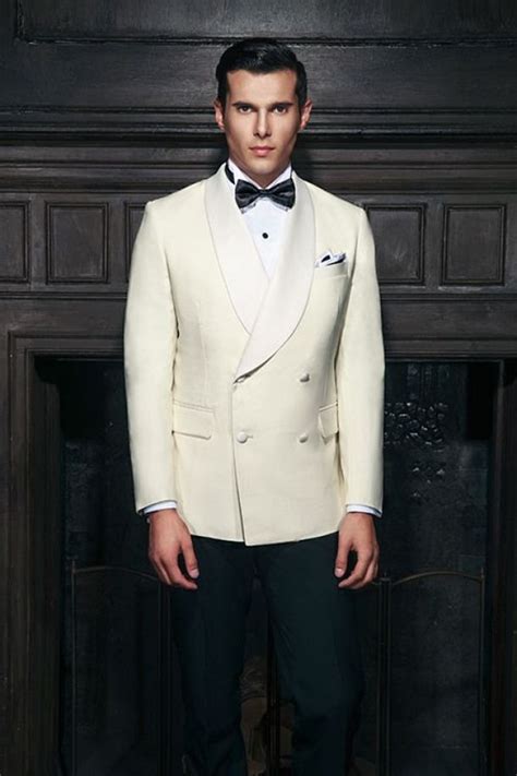 Off White Double Breasted Four Button Tuxedo With Shawl Collar Lapel