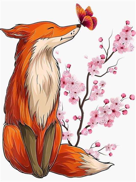 Japanese Fox Cherry Blossom Flower Sakura Trees Kawaii Sticker For