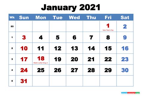 It will be easier for you to check when is the right time to enjoy outdoor or indoor activities! Free Printable January 2021 Calendar with Holidays - Free ...