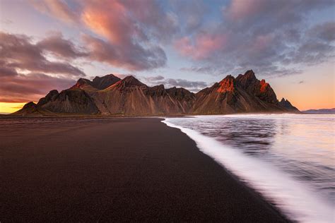Sunset At Vestrahorn Mountain And Stokksnes Beach In Iceland Alexios