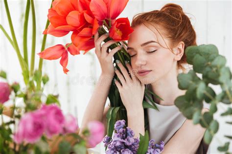 Horizontal Image Of Woman Florist Holding Near Face Red Tulips Stock