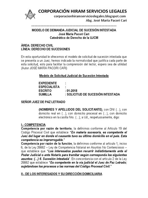 Modelo De Demanda Judicial De Sucesión Intestada Autor José María