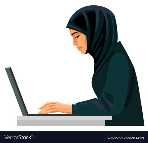 Muslim Business Woman In Traditional Clothing Working On Laptop Vector