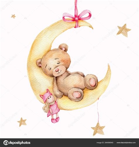 Cute Slepping Teddy Bear Moon Golden Stars Watercolor Hand Draw Stock