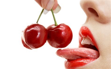 Wallpaper Women Heart Red Lipstick Fruit Tongues Mouth Mouths Cherries Food Cherry