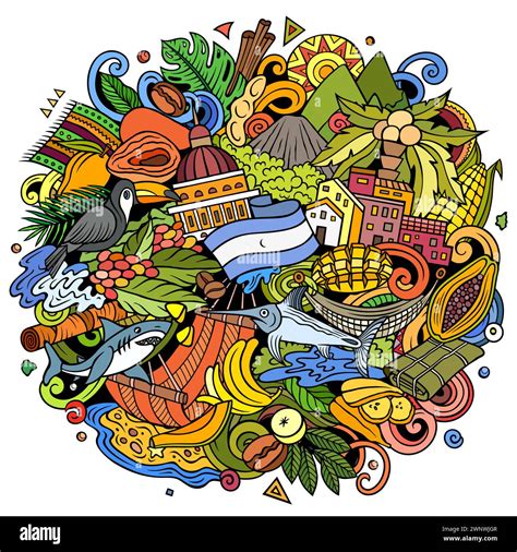 Vector funny doodle illustration with Nicaragua theme. Vibrant and eye