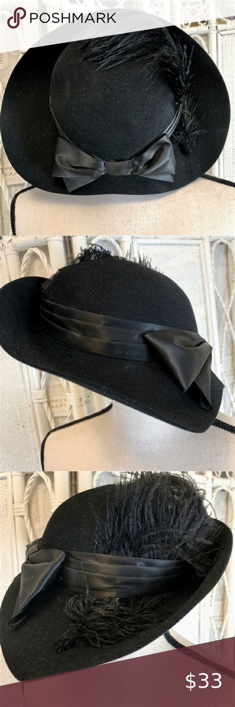 Vintage 60s Hat Black Felt Wide Brim Upturned Ribbon Bow Ostrich Spray