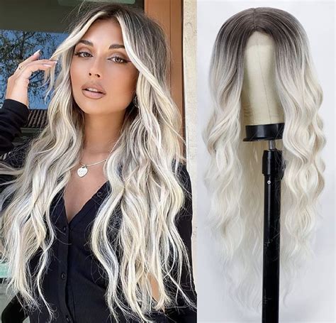 Lativ Long Wavy Wig Ombre Platinum Blonde Wigs For Women Middle Part Curly Synthetic Hair