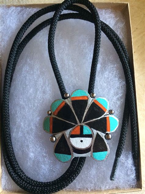 Zuni Sun Face Inlay Inspired Hand Painted Gourd Bolo Tie Etsy Wood