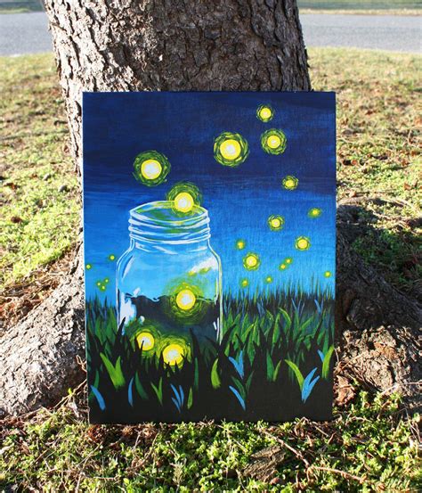 Whimsical Firefly Mason Jar Acrylic Painting On Canvas 12 X 16 Free