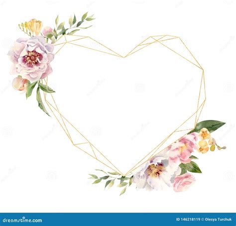Heart Shaped Golden Frame Decorated With Handpainted Watercolor Flowers