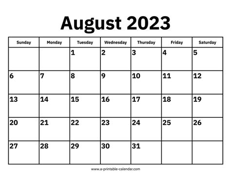 August 2023 Calendar A Printable Calendar
