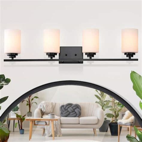Edvivi Aliana 31 In 4 Light Matte Black Modern Vanity Light With Etched White Glass Shades