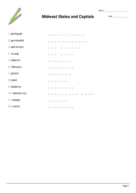 Midwest States And Capitals Word Scramble Quickworksheets