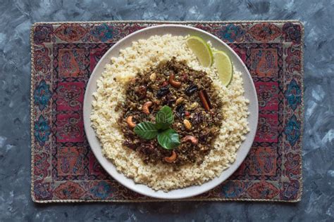 Moroccan Spiced Mince With Couscous Top View Stock Photo Image Of