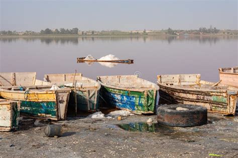 Boats At Lac Rose Or Retba Lake Dakar Senegal West Africa Editorial