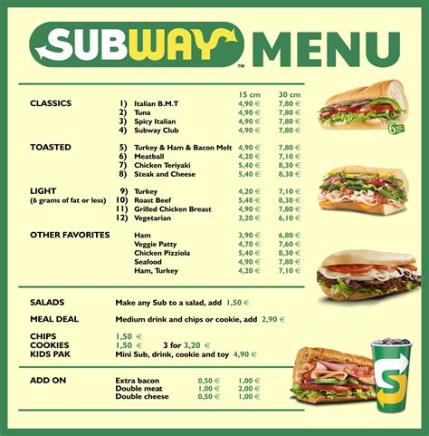 Printable Subway Menu With Prices Images And Photos Finder