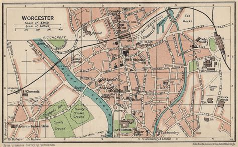Worcester Vintage Town City Map Plan Worcestershire 1939 Old Vintage