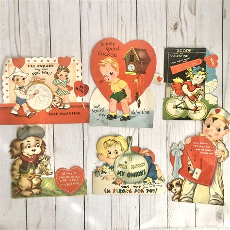 1940s Vintage Valentines Day Cards Set Lot Of 6 Mechanical Or Cutout