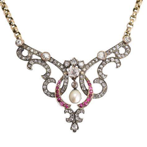 Late Victorian Diamond Ruby Pearl Necklace At 1stdibs
