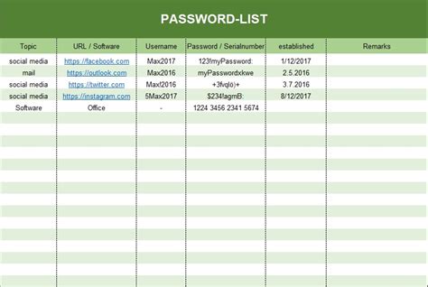 Professional Password List Templates Excel Word PDF Best Collections