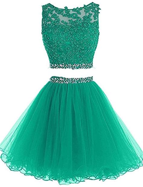 Two Pieces Prom Dress For Juniors Short Lace Appliques Beaded