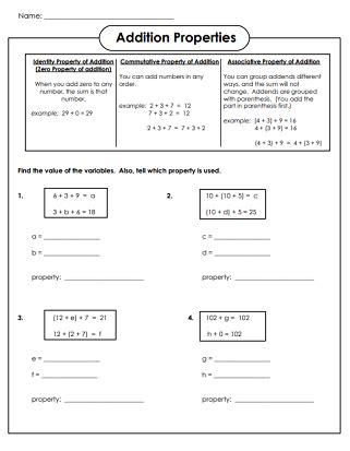 Properties Of Addition Worksheets