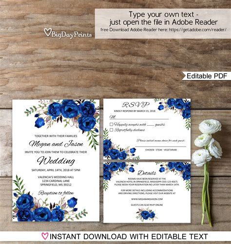 Blue Wedding Invitation Template Royal Blue Wedding Etsy Blank