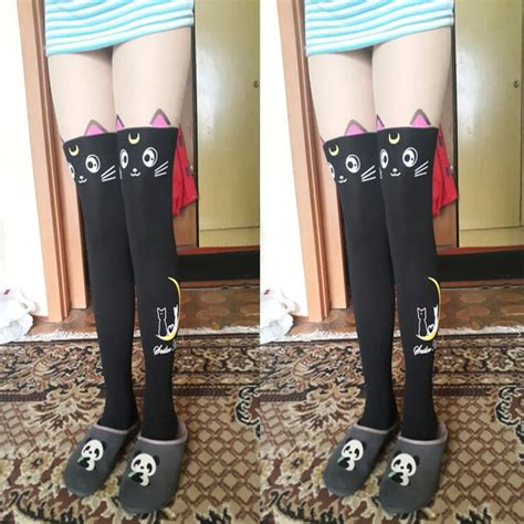2016 New Hot Black White Anime Sailor Moon Cosplay Luna Cat Pattern Pantyhose Tights Leggings