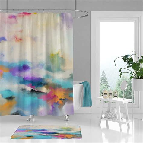 Colorful Shower Curtain Set With Abstract Design In Blue Purple And Yellow