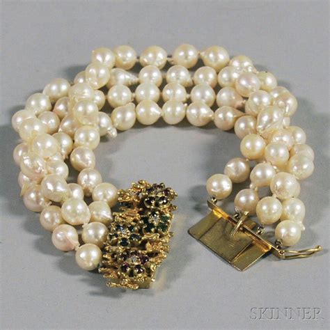 Four Strand Cultured Pearl Bracelet With 14kt Gold Gem Set Clasp