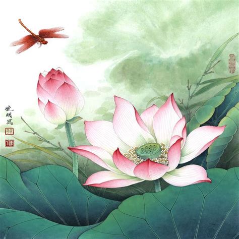 Aquatic Flower Lotus Pink Background Lotus Painting Chinese Art
