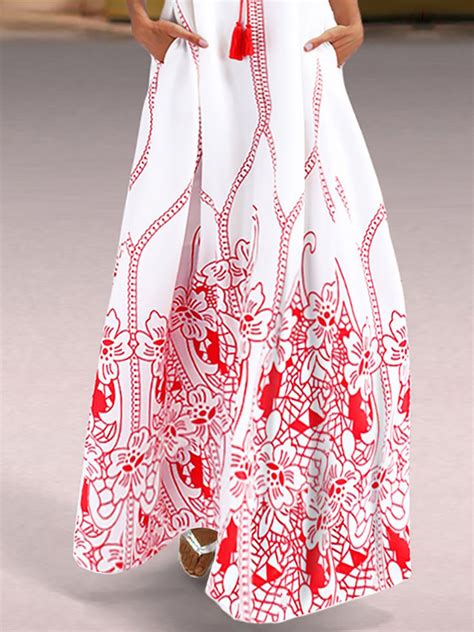 Red Bohemian Shift Printed Pattern Linen Maxi Dresses Style V100017