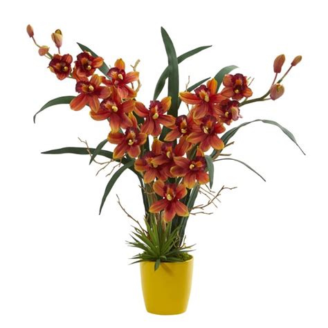 Nearly Natural Cymbidium Orchid Artificial Flower Arrangement In Yellow Vase Burgundy