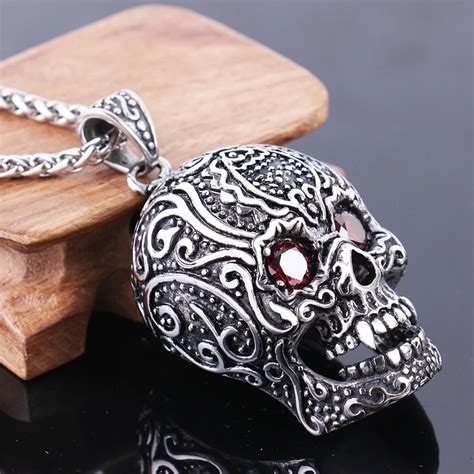 Skull Pendant Mens Stainless Steel Large Sugar Skull Pendant Necklace
