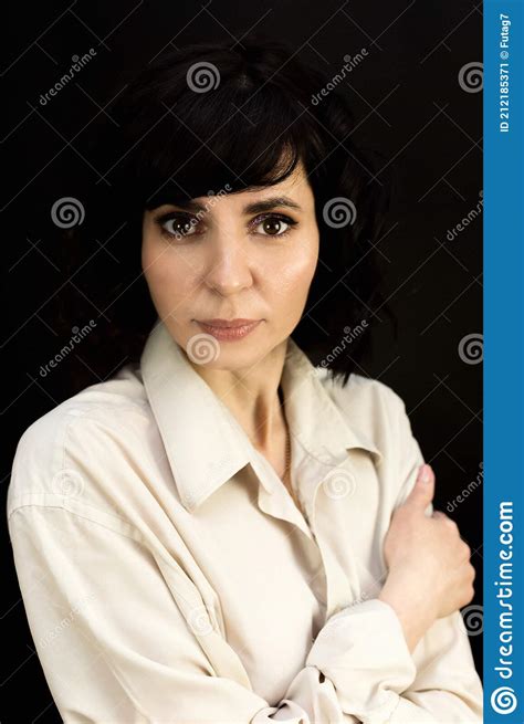 brunette woman in men big white shirt stock image image of black face 212185371