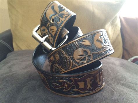 Buy Hand Made Biker Leather Belt With Skulls And Barbed Wire Made To